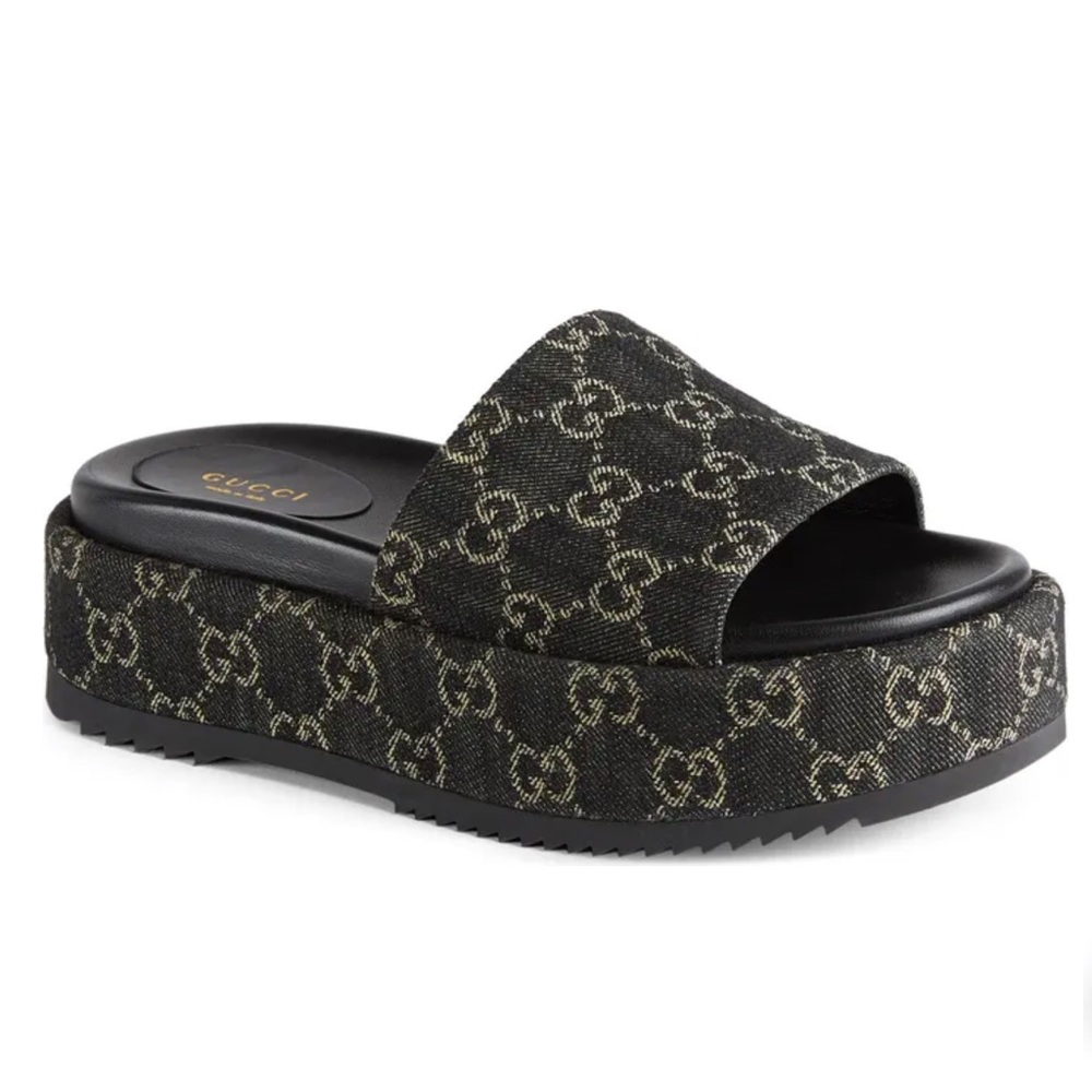 New Gucci Angelina GG Logo Black Platform Slides Size 36 1/2